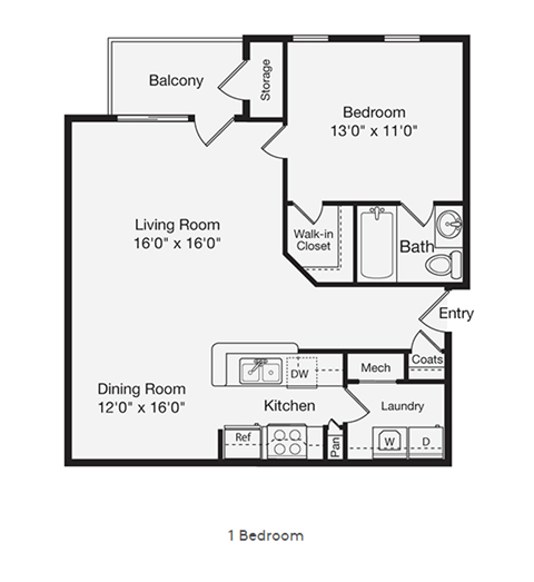 Floor plan for 1 bed, 1 bath, 975 sqft